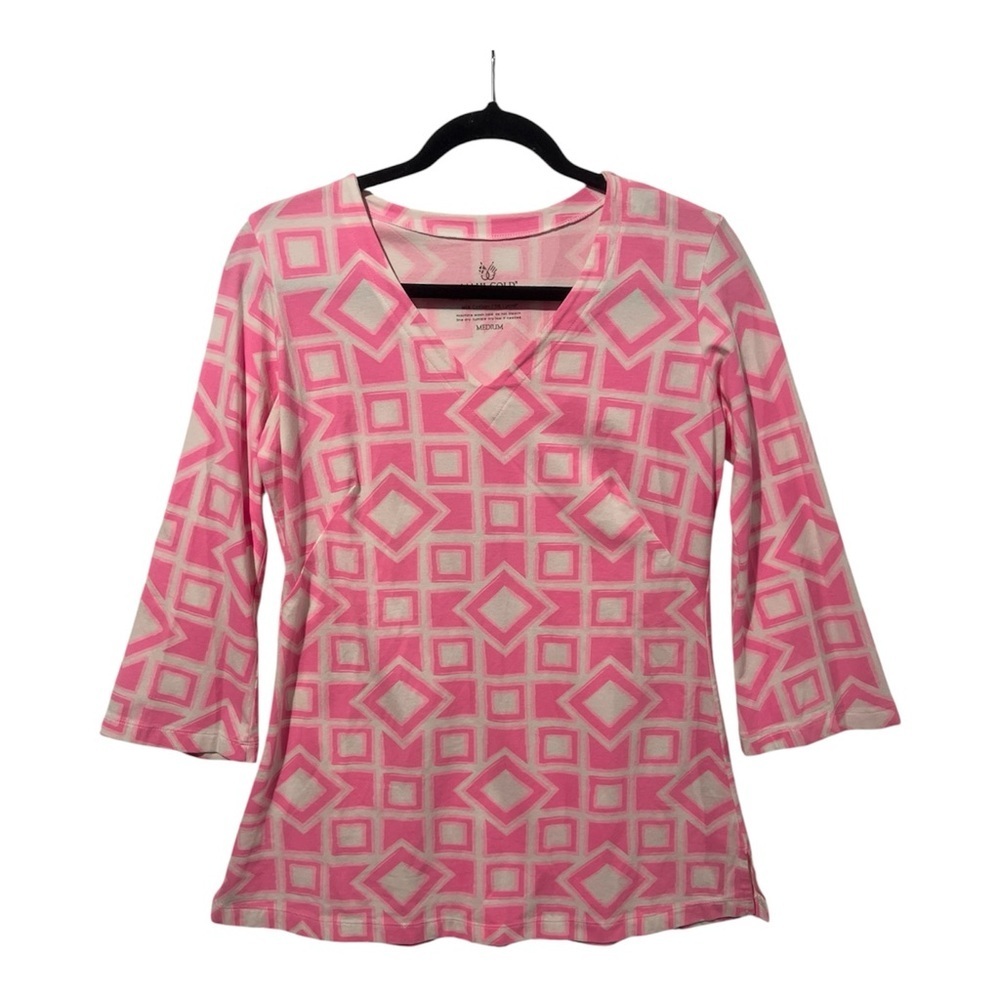 Mahi Gold Top Women’s Medium Pink White Geometric 3/4 Sleeve